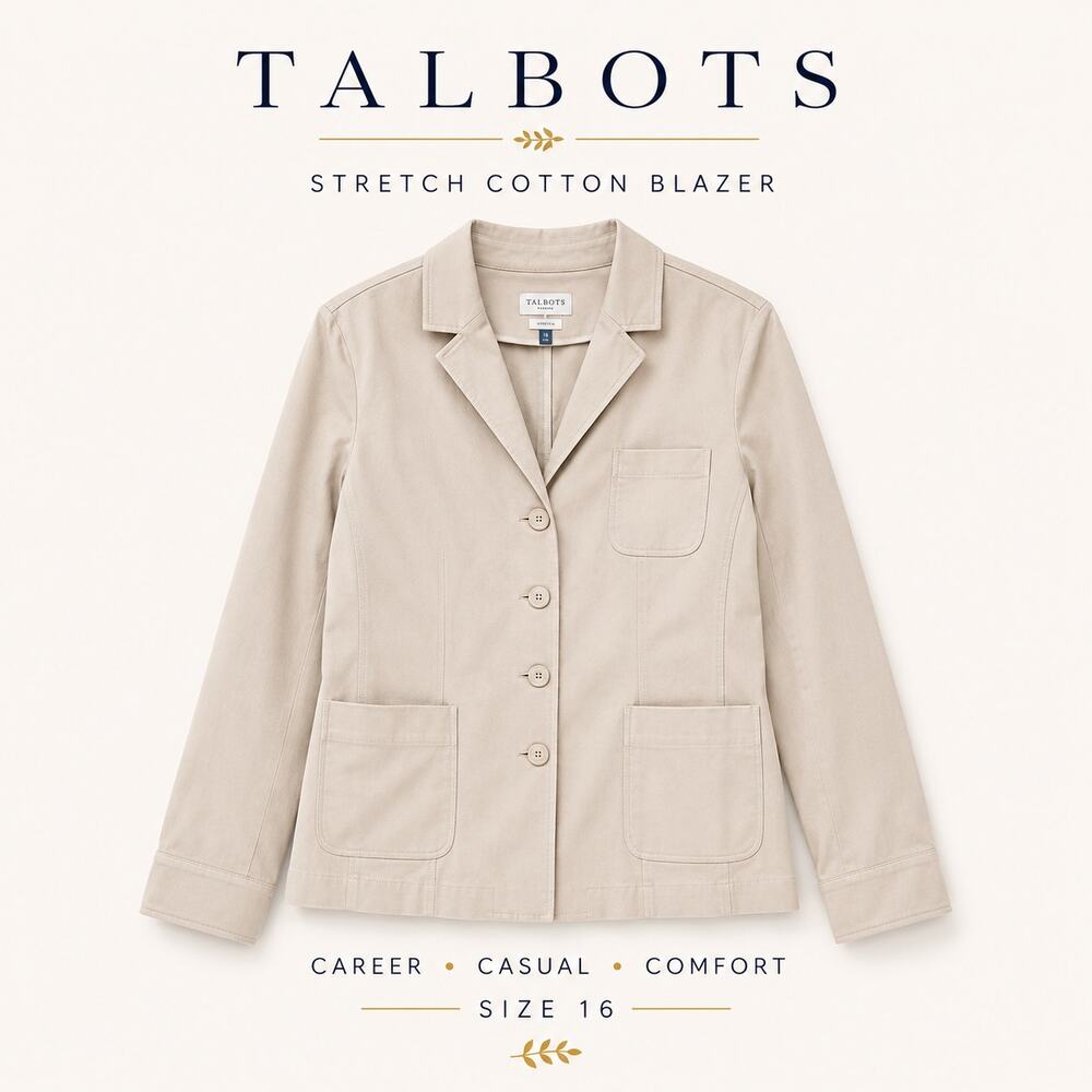 Talbots Blazer Womens 16 Beige Stretch Cotton Button Front Patch Pocket Jacket